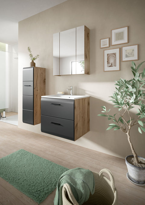 Rootz 3-Piece Bathroom Set - Vanity Combo - Storage Unit - Space Saving - 60x185x46cm -Black & Brown Finish