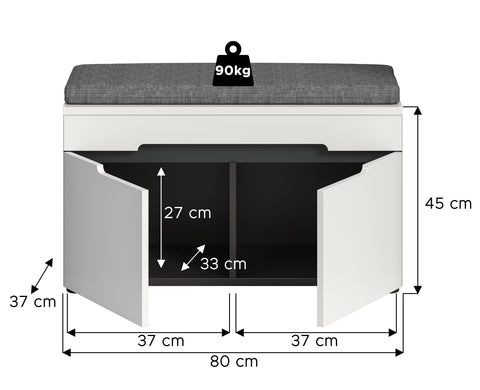 Rootz Bench with Seat Cushion - Entryway Bench - Hallway Seating - Enhanced Comfort - 80x45x37 cm - White Imitation