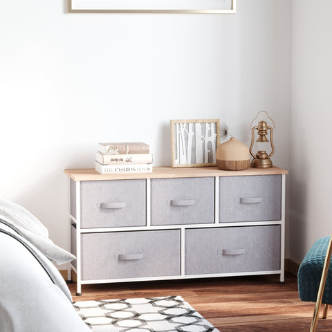 Rootz Chest of Drawers - Storage Furniture - 5 Drawer Dresser - Space-Saving - 100 x 30 x 54 cm - Steel Frame -   Grey Wood Finish