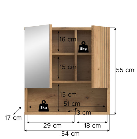 Rootz Mirror Cabinet - Brown Finish - Bathroom Storage - Easy-Care Design - 60cm x 55cm x 17cm