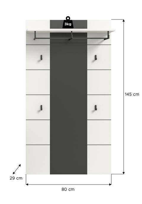 Rootz White Hallway Panel - Coat Rack - Entryway Organizer - Easy-Care Surface - 80cm x 141cm x 29cm