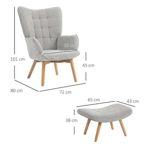 Rootz Accent Chair In Scandi Design - Relaxation Chair With Stool - Wing Chair - Armchair Set - Beech Wood - Cord Look - Gray - 72L x 80W x 101H cm