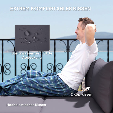 Rootz Poly Rattan Sun Lounger - Double Bed - Outdoor Recliner - Weather-Resistant - 125x114x72.5 cm Grey