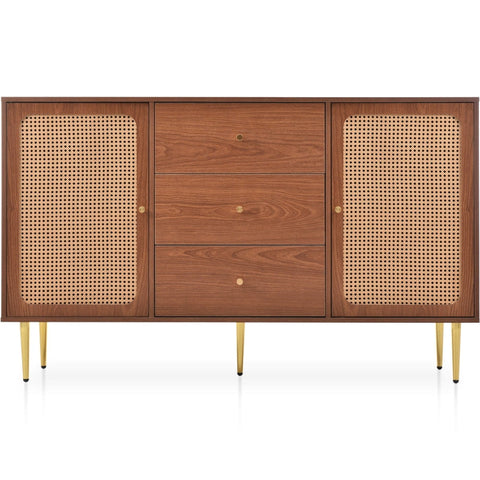 Rootz Faux Rattan Chest of Drawers - 2 Door, 3 Drawer - Walnut Finish - Ample Storage - 150L x 40D x 90H cm