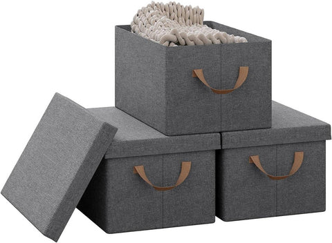 Rootz 3 Piece Set Storage Box with Lid - Fabric Organizer Bins - Collapsible Design - Breathable Material - 20L/27L/36L/51L - Multipurpose - 1x 20L, 1x 27L, 1x 36L, 1x 51L - Gray