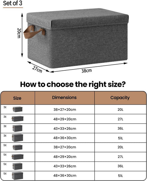 Rootz 3 Piece Set Storage Box with Lid - Fabric Organizer Bins - Collapsible Design - Breathable Material - 20L/27L/36L/51L - Multipurpose - 1x 20L, 1x 27L, 1x 36L, 1x 51L - Gray