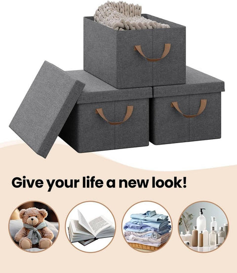 Rootz 3 Piece Set Storage Box with Lid - Fabric Organizer Bins - Collapsible Design - Breathable Material - 20L/27L/36L/51L - Multipurpose - 1x 20L, 1x 27L, 1x 36L, 1x 51L - Gray