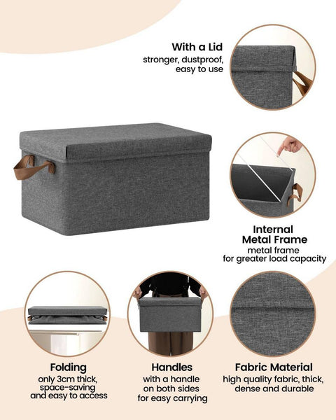 Rootz 3 Piece Set Storage Box with Lid - Fabric Organizer Bins - Collapsible Design - Breathable Material - 20L/27L/36L/51L - Multipurpose - 1x 20L, 1x 27L, 1x 36L, 1x 51L - Gray