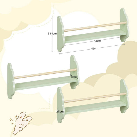 Rootz 3 Set Children's Bookshelf - Kids' Room Shelf - Nursery Wall Shelves - Pine MDF Green - 45 x 12.7 x 23cm - Space-Saving, Cloud Shape Design