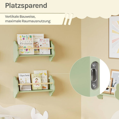 Rootz 3 Set Children's Bookshelf - Kids' Room Shelf - Nursery Wall Shelves - Pine MDF Green - 45 x 12.7 x 23cm - Space-Saving, Cloud Shape Design
