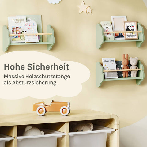 Rootz 3 Set Children's Bookshelf - Kids' Room Shelf - Nursery Wall Shelves - Pine MDF Green - 45 x 12.7 x 23cm - Space-Saving, Cloud Shape Design