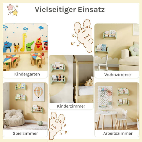 Rootz 3 Set Children's Bookshelf - Kids' Room Shelf - Nursery Wall Shelves - Pine MDF Green - 45 x 12.7 x 23cm - Space-Saving, Cloud Shape Design