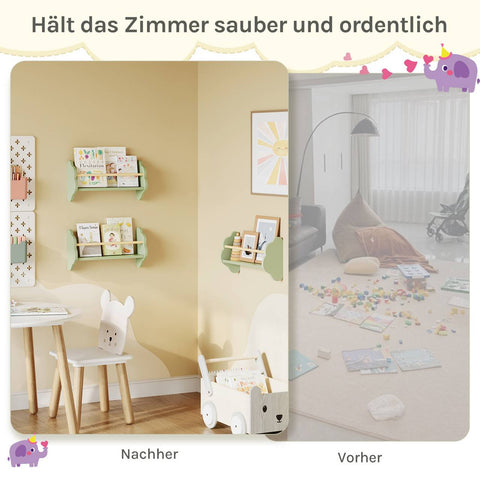 Rootz 3 Set Children's Bookshelf - Kids' Room Shelf - Nursery Wall Shelves - Pine MDF Green - 45 x 12.7 x 23cm - Space-Saving, Cloud Shape Design