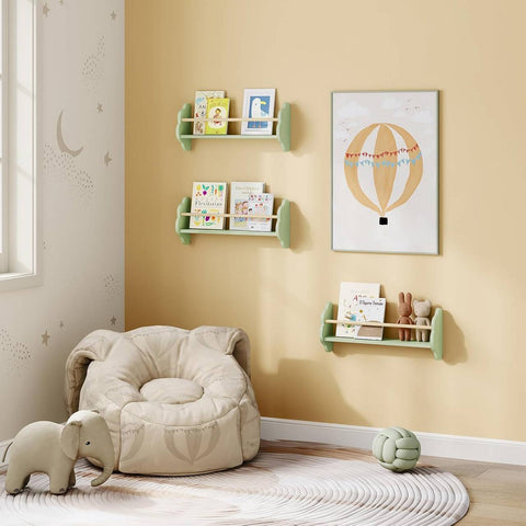 Rootz 3 Piece Set Children's Wall Bookshelf - Kids Room Shelf - Pine Wood MDF - Promotes Organization - 55 x 12.7 x 23cm - Green