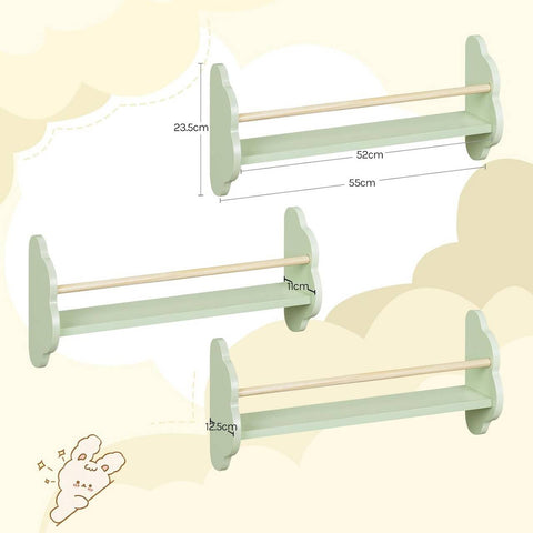 Rootz 3 Piece Set Children's Wall Bookshelf - Kids Room Shelf - Pine Wood MDF - Promotes Organization - 55 x 12.7 x 23cm - Green