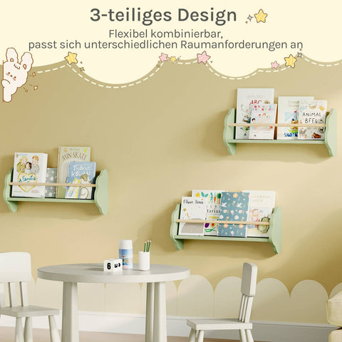 Rootz 3 Piece Set Children's Wall Bookshelf - Kids Room Shelf - Pine Wood MDF - Promotes Organization - 55 x 12.7 x 23cm - Green