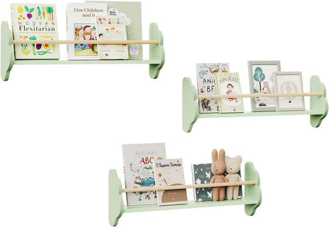 Rootz 3 Set Children's Bookshelf - Kids Room Shelf - Pine Wood Green Shelf - Wall Mounted - Cloud Design - 65 x 12.7 x 23cm