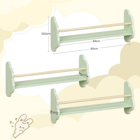 Rootz 3 Set Children's Bookshelf - Kids Room Shelf - Pine Wood Green Shelf - Wall Mounted - Cloud Design - 65 x 12.7 x 23cm