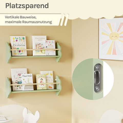 Rootz 3 Set Children's Bookshelf - Kids Room Shelf - Pine Wood Green Shelf - Wall Mounted - Cloud Design - 65 x 12.7 x 23cm