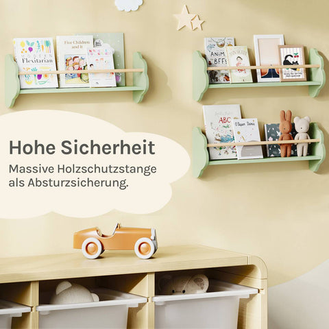 Rootz 3 Set Children's Bookshelf - Kids Room Shelf - Pine Wood Green Shelf - Wall Mounted - Cloud Design - 65 x 12.7 x 23cm