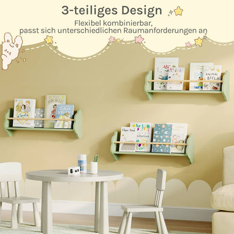 Rootz 3 Set Children's Bookshelf - Kids Room Shelf - Pine Wood Green Shelf - Wall Mounted - Cloud Design - 65 x 12.7 x 23cm