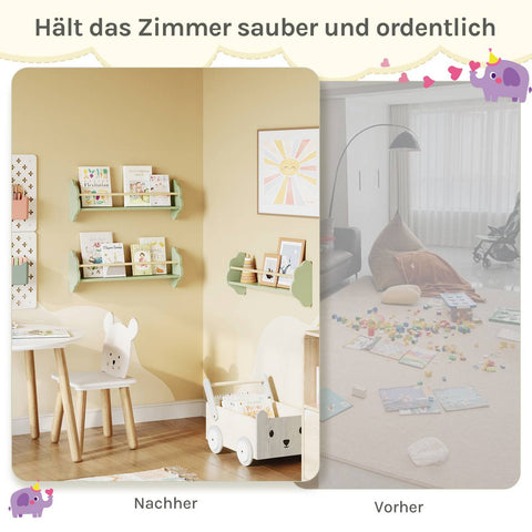 Rootz 3 Set Children's Bookshelf - Kids Room Shelf - Pine Wood Green Shelf - Wall Mounted - Cloud Design - 65 x 12.7 x 23cm