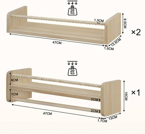 Rootz 3 Set Kinder Bookcase - Wall Shelf - Floating Shelves - Solid Wood - Child-Safe Design - 50cm x 15cm x 14cm