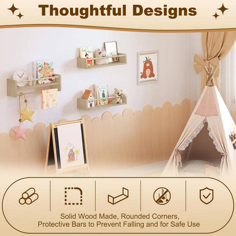 Rootz 3 Set Kinder Bookcase - Wall Shelf - Floating Shelves - Solid Wood - Child-Safe Design - 50cm x 15cm x 14cm