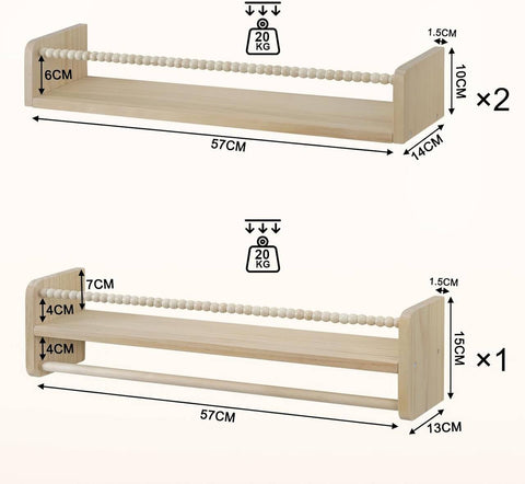 Rootz 3 Piece Set Children's Bookshelf - Wall Shelf - Solid Wood Storage - Montessori Design - 60cm x 15cm x 14cm