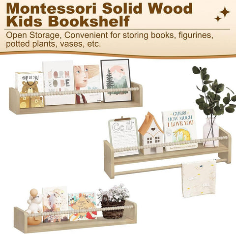 Rootz 3 Piece Set Children's Bookshelf - Wall Shelf - Solid Wood Storage - Montessori Design - 60cm x 15cm x 14cm