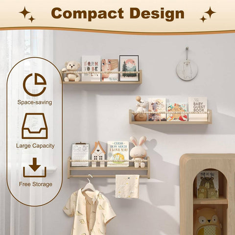 Rootz 3 Piece Set Children's Bookshelf - Wall Shelf - Solid Wood Storage - Montessori Design - 60cm x 15cm x 14cm