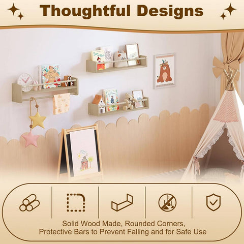 Rootz 3 Piece Set Children's Bookshelf - Wall Shelf - Solid Wood Storage - Montessori Design - 60cm x 15cm x 14cm