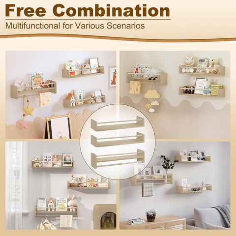 Rootz 3 Piece Set Children's Bookshelf - Wall Shelf - Solid Wood Storage - Montessori Design - 60cm x 15cm x 14cm