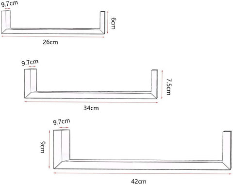 Rootz U-Shaped Wall Shelves Set - Floating Shelves - Display Shelves - E1 MDF - Space Saving - PVC Material - 26cm x 9.7cm, 34cm x 7.5cm, 42cm x 9cm