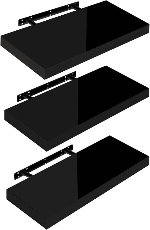 Rootz 3-Set Wall Shelf - Floating Shelves - Wood Board - High Gloss Black - Moisture-Resistant - 50x22.9x3.8cm