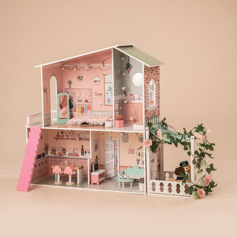 Rootz Spring Garden Cabin Wooden Dollhouse - Miniature Home - Kids Playhouse - 25+ Lifelike Accessories - Educational & Safe - 60cm x 30cm x 70cm - 100% Real Wood