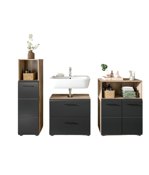 Rootz 4-Piece Bathroom Set - Vanity Unit - Bathroom Furniture - Ample Storage - 180x185x30 cm - Black & Brown