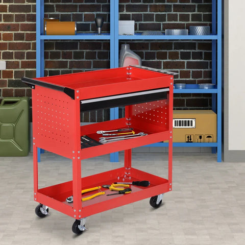 Rootz Tool Case - Tool Trolley - Tool Box - 3 Levels - 4 Wheels - Red - 82 cm x 35 cm x 76 cm