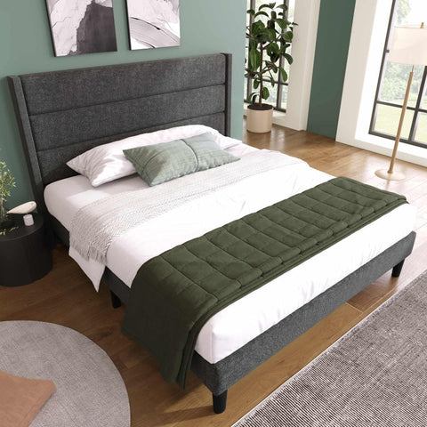 Rootz Double Bed with Padded Headboard - Fabric Cover - Upholstered Bed - Comfort - 146L x 210W x 111H cm - Dark Gray Design