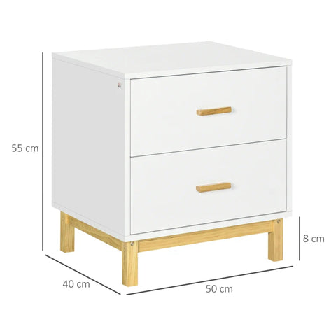 Rootz Bedside Table - Nightstand - 2 Drawers - Pinewood - Bedroom - Livingroom - White + Natural - 50 cm x 40 cm x 55 cm