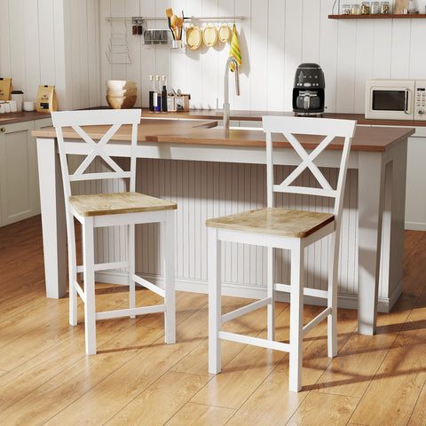 Rootz 2 Piece Set Bar Chairs - Bar Stools - Kitchen Seating - Enhanced Comfort - Rubber Wood - Brown & White - 41.5cm x 46.5cm x 96cm