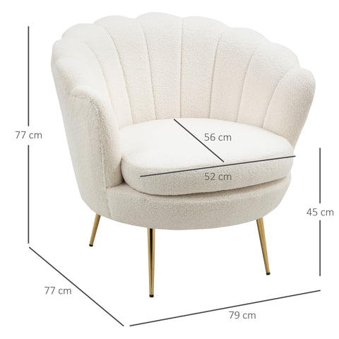 Rootz Shell Shaped Upholstered Chair - Relaxation Chair - Comfy Armchair - Gold Metal Legs - Elegant & Cozy - 79L x 77W x 77H cm - White Fabric