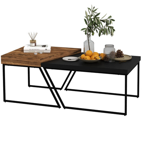 Rootz Industrial Coffee Table Set - Side Table - Living Room Table - Rustic Brown+Black - Chipboard and Steel - 80cm x 60cm x 42cm, 60cm x 60cm x 46cm