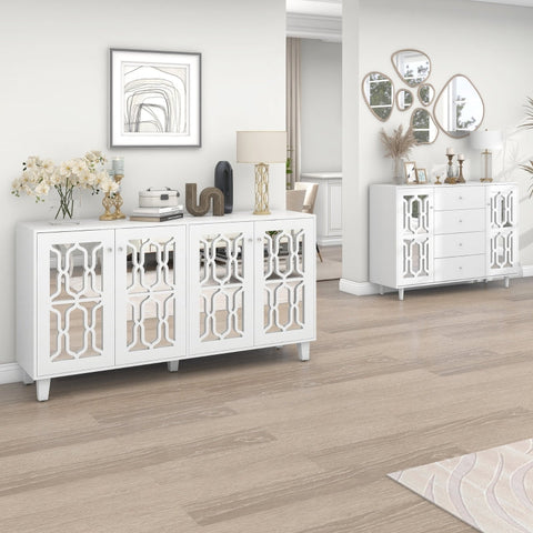 Rootz White Mirrored Sideboard - Luxury Storage Unit - Elegant Cabinet - Crystal Handles - Easy Assembly - 147.5L x 40W x 102H cm