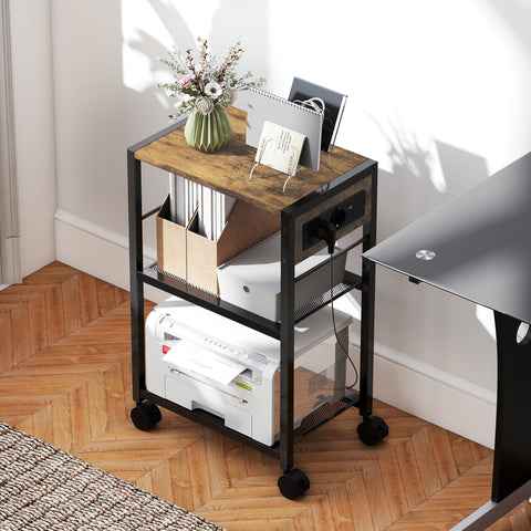 Rootz Printer Rack - Printing Shelf - Mobile Stand - Dual EU Sockets - 42cm x 28.5cm - Holds Up to 40kg - Rustic Brown and Black
