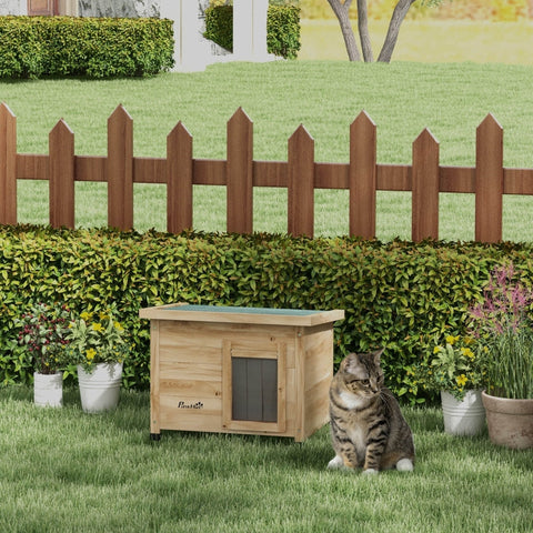 Rootz Cat House - Outdoor Cat Shelter - Wooden Cat Retreat - Transparent Window - Privacy Curtain - 57cm x 45cm x 43cm