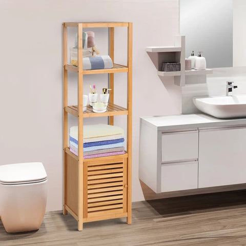 Rootz Bathroom Cabinet - Freestanding - 3 Shelves - Narrow & High - Tall Storage Unit - Slatted Door - Natural - 36 x 33 x 140cm