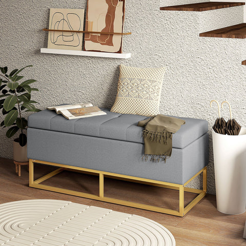 Rootz Bench with Storage - Upholstered Seat - Steel Leg Furniture - Space Efficient - 110cm x 44cm x 48cm - Gray & Gold