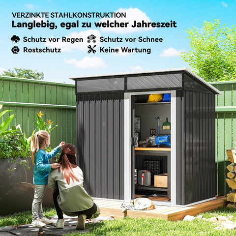 Rootz Garden Shed - Tool Shed - Equipment House - Waterproof Steel - Weatherproof - 1.95m x 1.22m x 1.59/1.82m - Grey