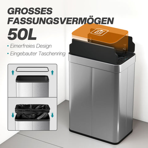 Rootz Sensor Bin 55L - Automatic Trash Can - Touchless Garbage Bin - Hygienic Waste Disposal - 41x26.5x59 cm - Stainless Steel Silver Black